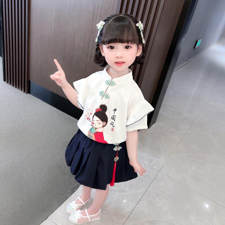 寶貝童裝女童夏裝套裝夏季唐裝復古洋氣時髦女寶寶中國風短袖兒童短裙夏款-細節圖3