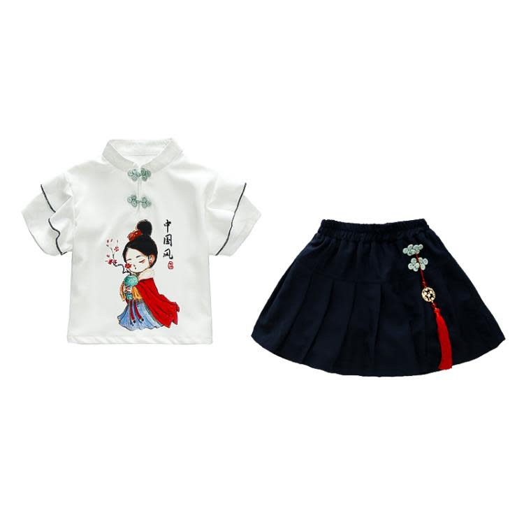 寶貝童裝女童夏裝套裝夏季唐裝復古洋氣時髦女寶寶中國風短袖兒童短裙夏款-細節圖5