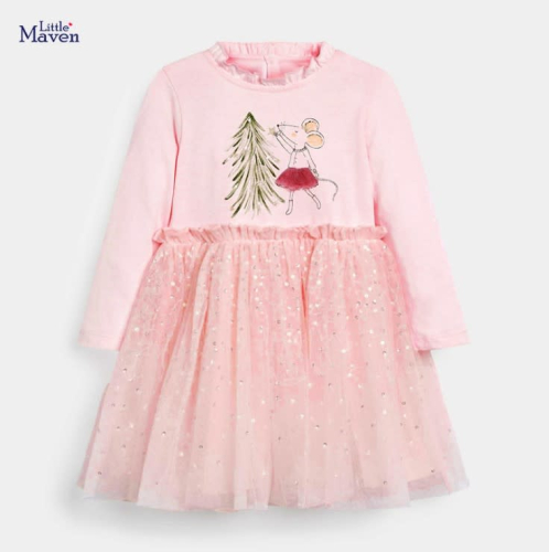 寶貝童裝女童秋冬裙子洋裝卡通老鼠粉紅童裙童裝兒童加絨長袖連身裙寶寶公主裙