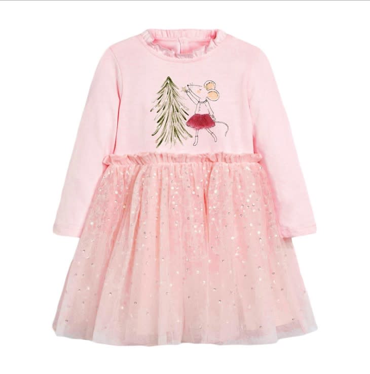 寶貝童裝女童秋冬裙子洋裝卡通老鼠粉紅童裙童裝兒童加絨長袖連身裙寶寶公主裙-細節圖5