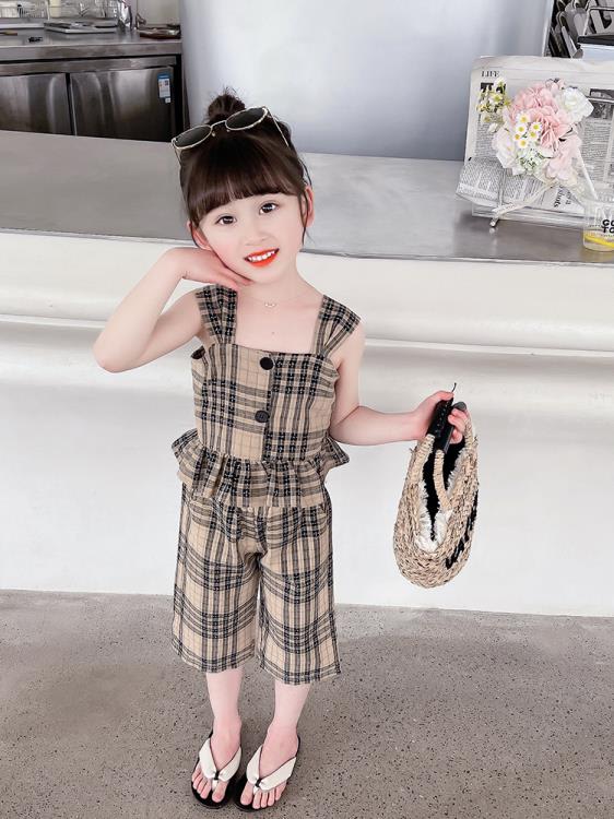 寶貝童裝女童夏裝新款寶寶夏款套裝兒童夏季洋氣時髦衣服格子吊帶二件套潮-細節圖2