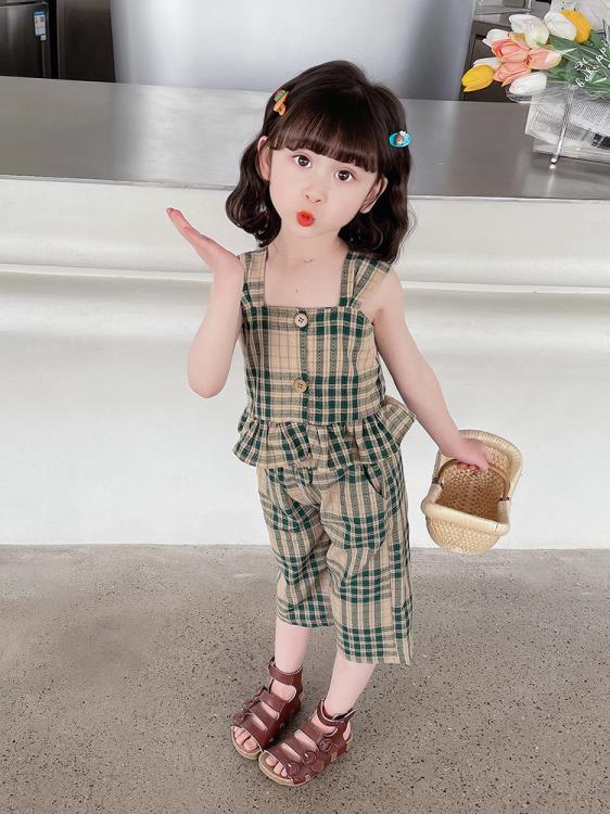 寶貝童裝女童夏裝新款寶寶夏款套裝兒童夏季洋氣時髦衣服格子吊帶二件套潮-細節圖3