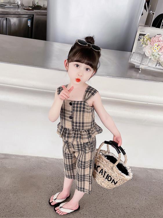寶貝童裝女童夏裝新款寶寶夏款套裝兒童夏季洋氣時髦衣服格子吊帶二件套潮-細節圖5