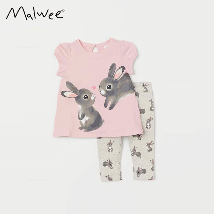 寶貝童裝女童休閒套裝 夏季外貿童兒童兔子印花短袖t恤寶寶打底褲二件套潮-細節圖2