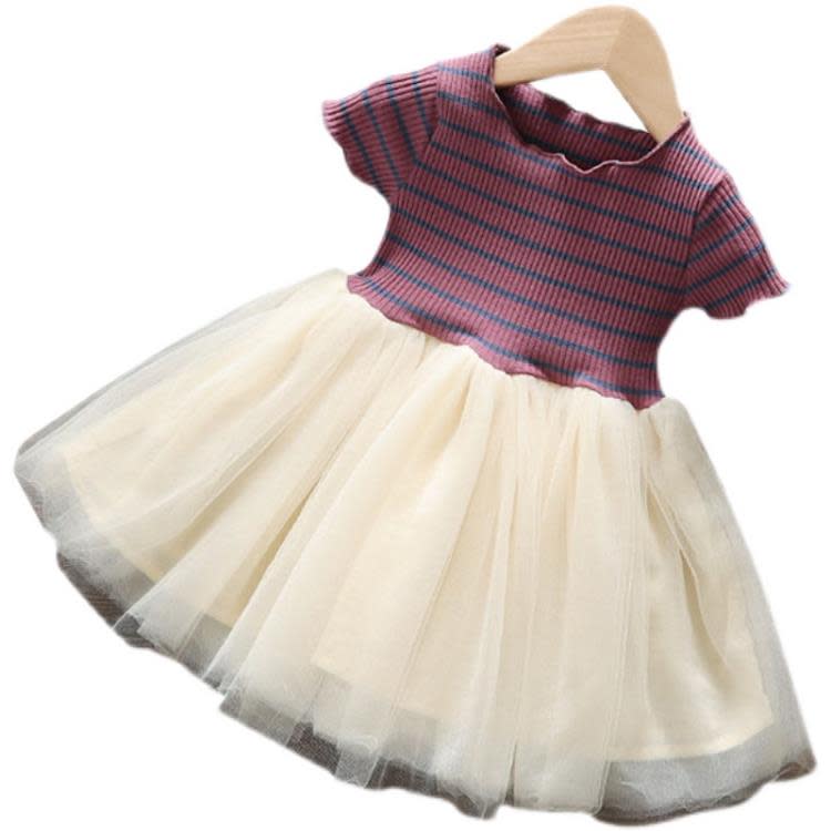 寶貝童裝巴-拉巴-拉女童針織條紋短袖連身裙2023夏裝新款寶寶可愛網紗拼-細節圖5
