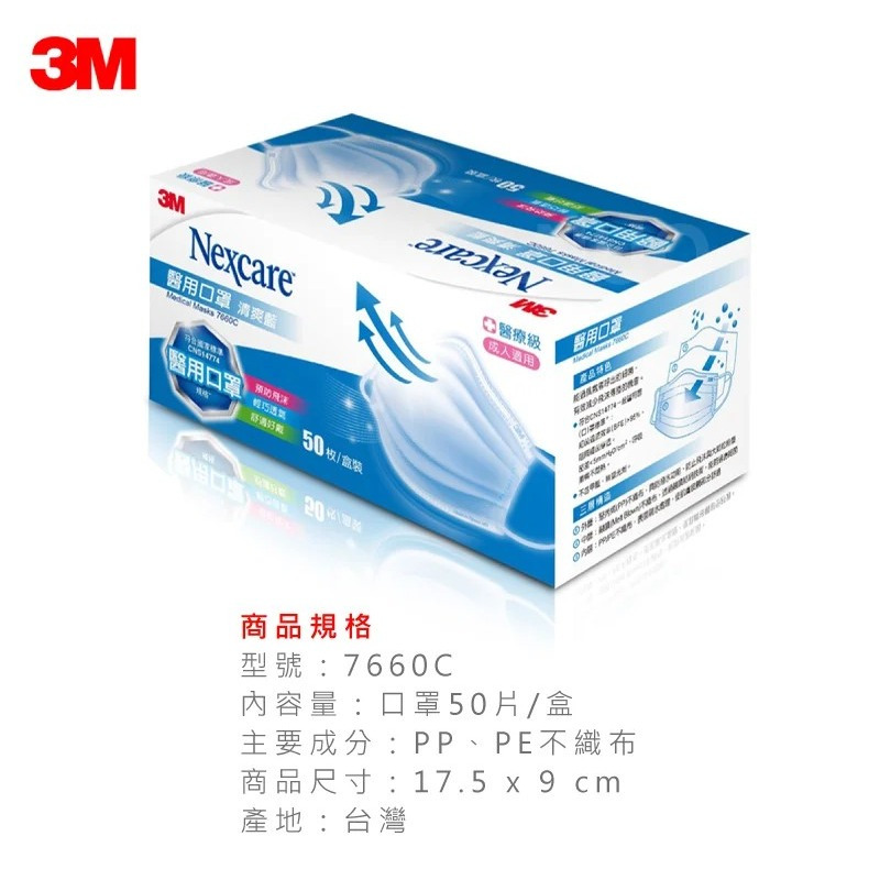 ★超取限購 4 盒★【誠意中西藥局】3M Nexcare 7660C 成人醫用口罩-50片盒裝-細節圖2