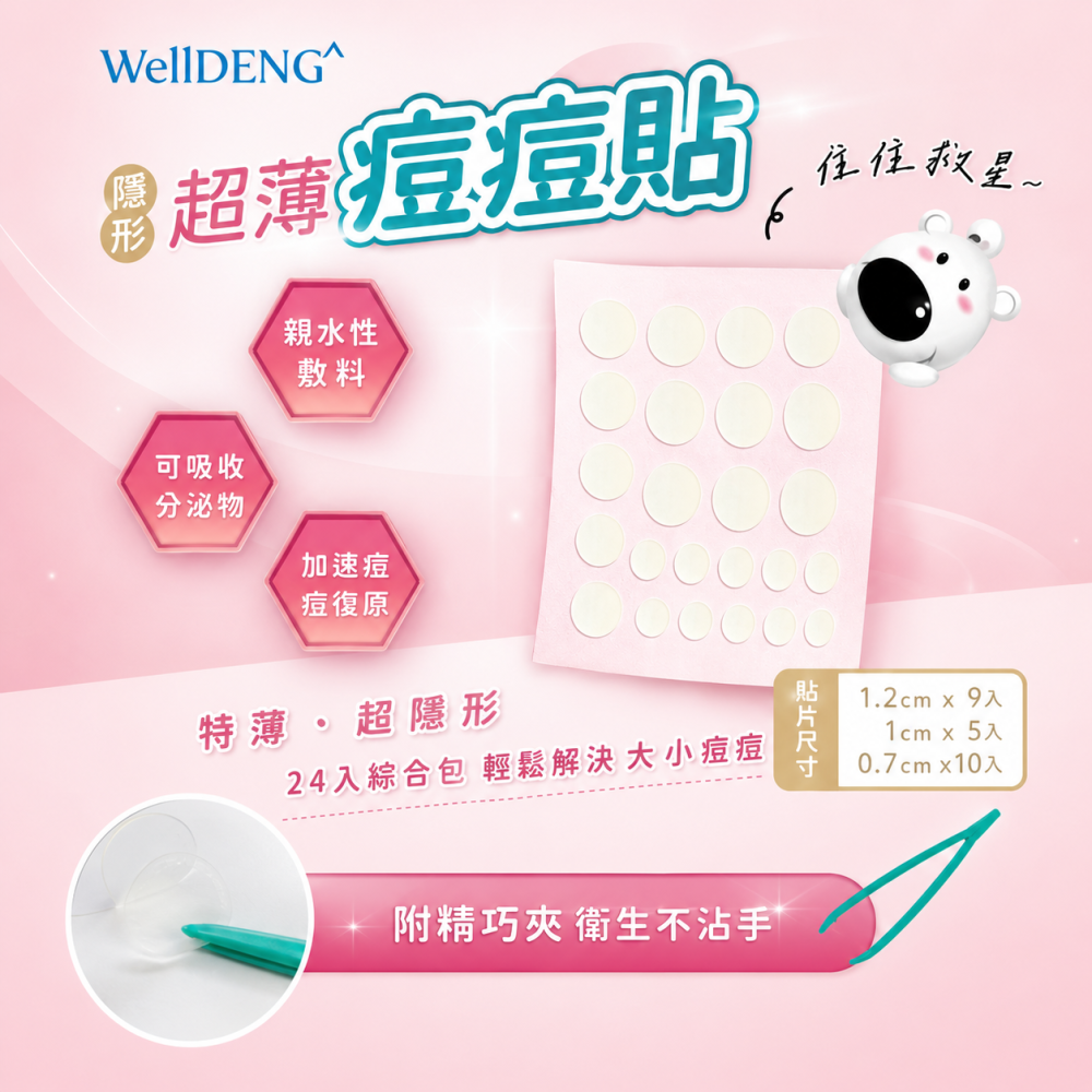 WellDENG+A 超薄隱形痘痘貼24入｜痘痘貼｜超薄隱形｜防水透氣｜三種尺寸-細節圖4