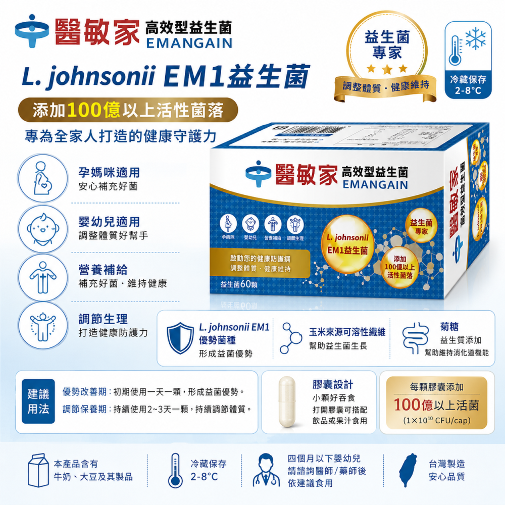 ❄️冷藏出貨｜醫敏家 高效型益生菌60顆｜EMANGAIN｜L. johnsonii EM1｜100億活菌｜乳酸菌-細節圖2
