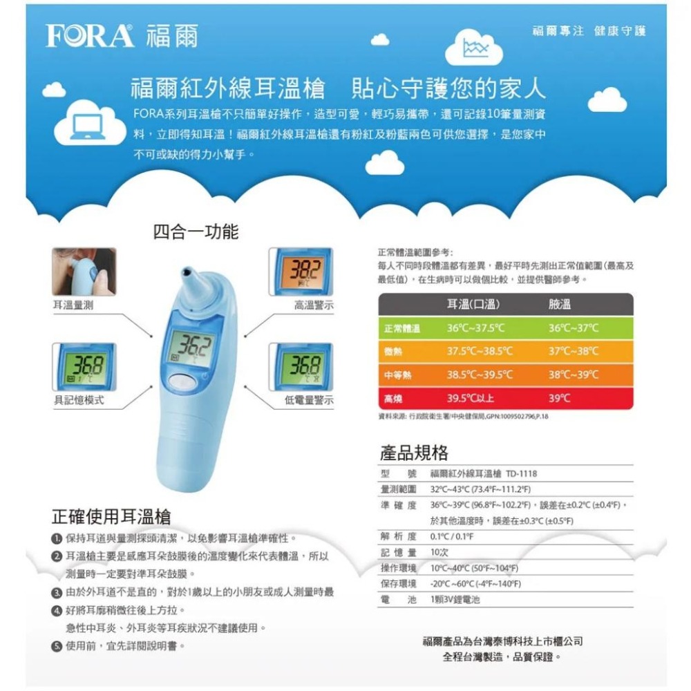 福爾 FORA｜紅外線耳溫槍 IR18｜附贈耳套｜1秒快速量測｜誠意中西藥局-細節圖3