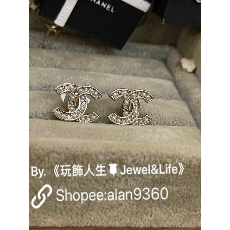 CHANEL 香奈兒 基本款 水鑽 珍珠 雙C logo 百搭 日常 迷你 二手 淡金色 造型 耳環-細節圖2