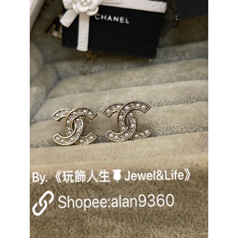CHANEL 香奈兒 基本款 水鑽 珍珠 雙C logo 百搭 日常 迷你 二手 淡金色 造型 耳環-細節圖4