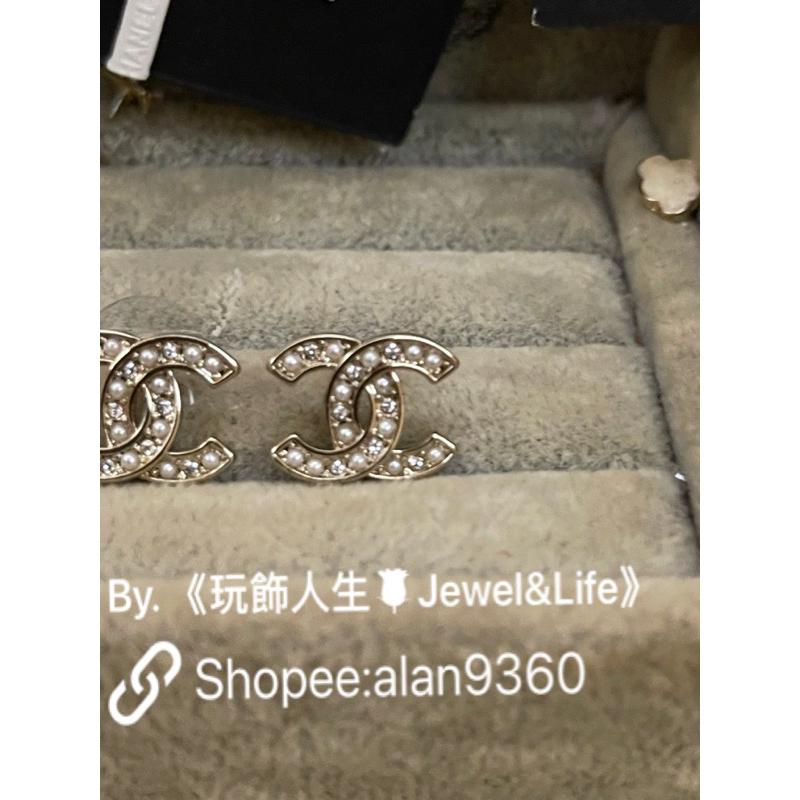 CHANEL 香奈兒 基本款 水鑽 珍珠 雙C logo 百搭 日常 迷你 二手 淡金色 造型 耳環-細節圖6