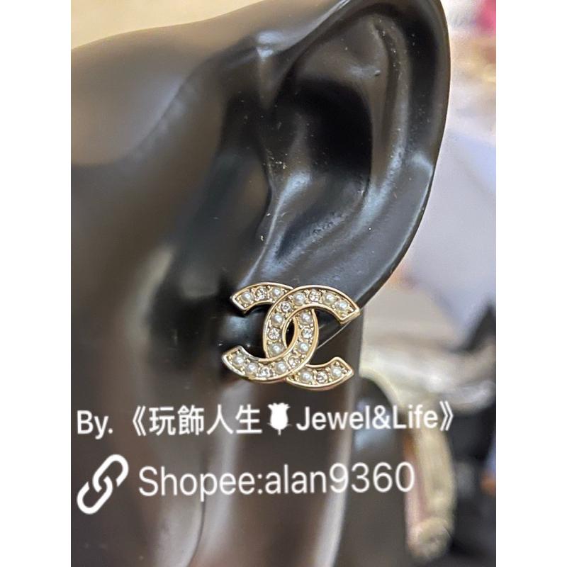 CHANEL 香奈兒 基本款 水鑽 珍珠 雙C logo 百搭 日常 迷你 二手 淡金色 造型 耳環-細節圖8
