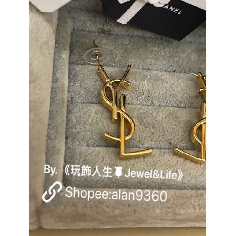 Saint Laurent Paris YSL 經典 素面 大LOGO 金色 二手 造型 耳環-細節圖2