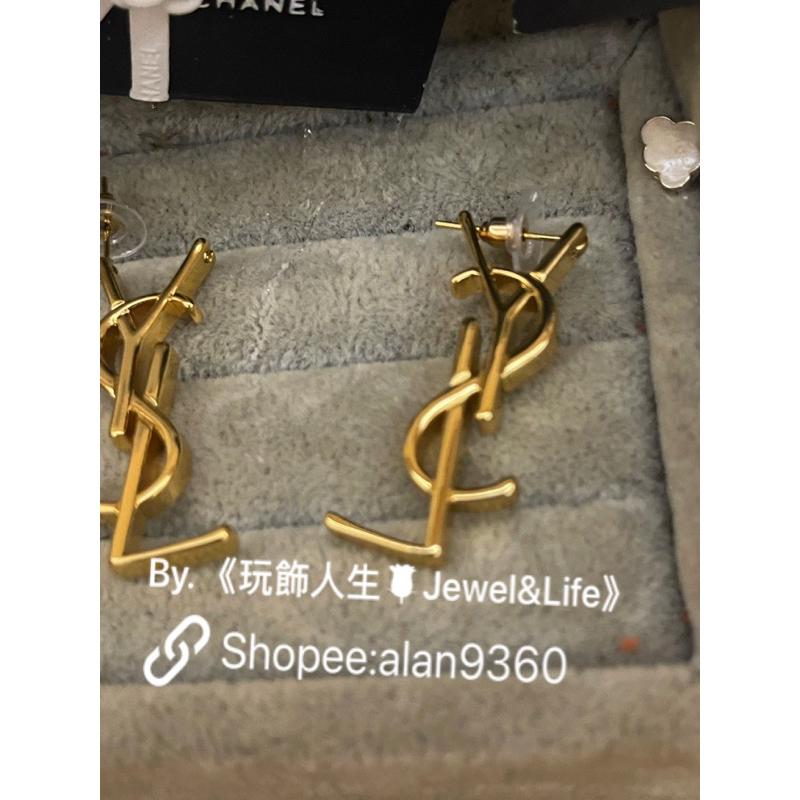 Saint Laurent Paris YSL 經典 素面 大LOGO 金色 二手 造型 耳環-細節圖3