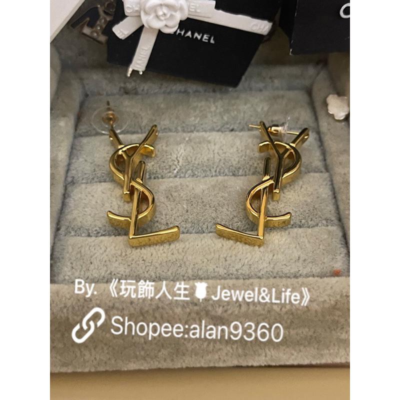 Saint Laurent Paris YSL 經典 素面 大LOGO 金色 二手 造型 耳環-細節圖4