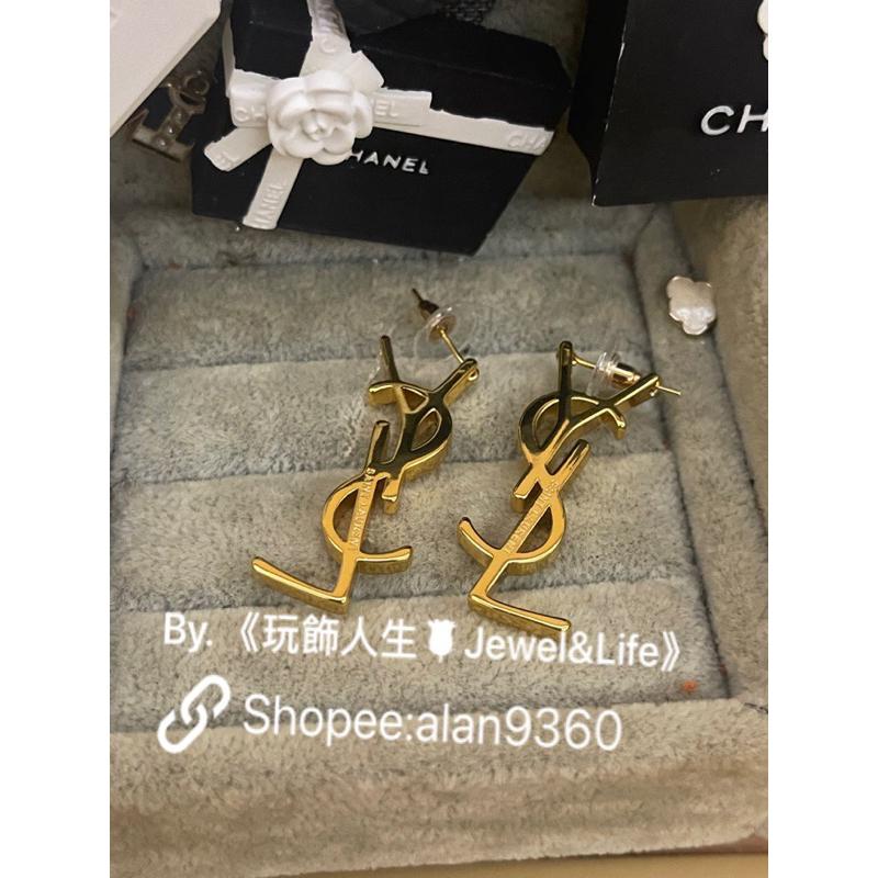 Saint Laurent Paris YSL 經典 素面 大LOGO 金色 二手 造型 耳環-細節圖5