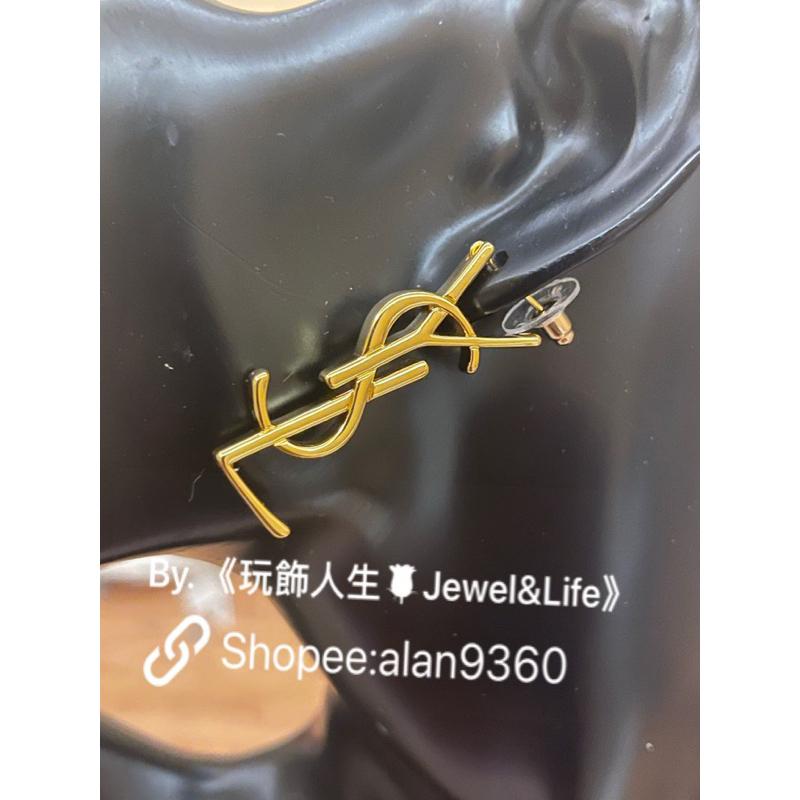 Saint Laurent Paris YSL 經典 素面 大LOGO 金色 二手 造型 耳環-細節圖7
