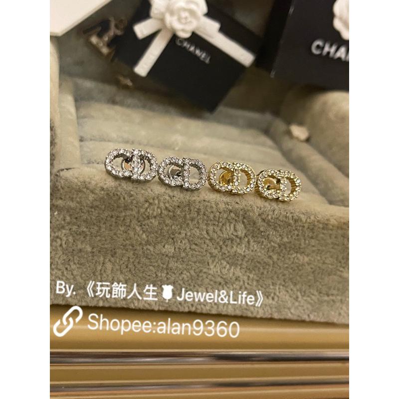 DIOR 經典 迷你 日常生活百搭 實用 水鑽 CD LOGO 金銀色 二手造型 耳環-細節圖2