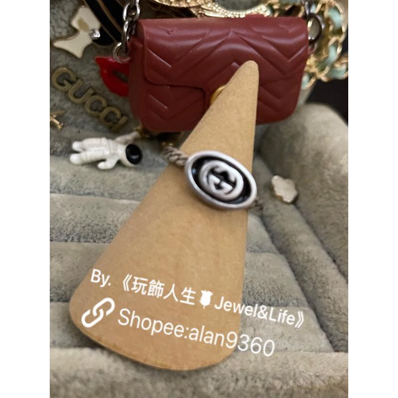 GUCCI 簡約 素雅 黑色琺瑯 二手 雕刻紋路 細版 復古銀 造形 戒指-細節圖2
