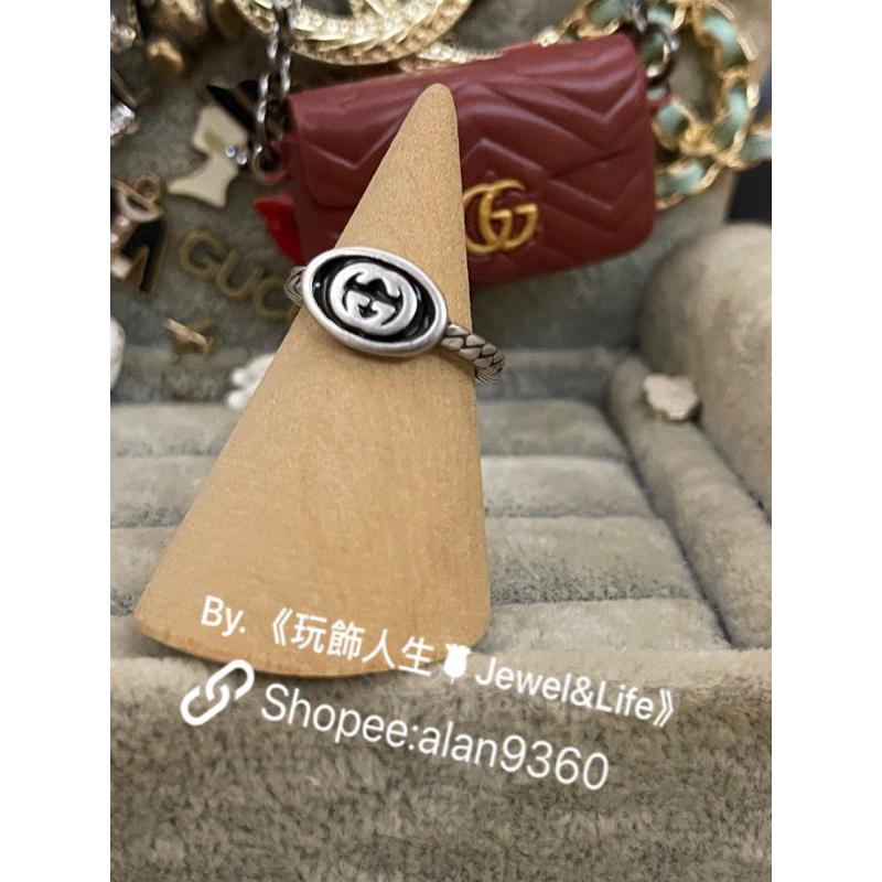 GUCCI 簡約 素雅 黑色琺瑯 二手 雕刻紋路 細版 復古銀 造形 戒指-細節圖3