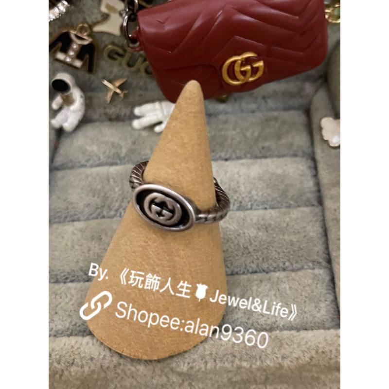 GUCCI 簡約 素雅 黑色琺瑯 二手 雕刻紋路 細版 復古銀 造形 戒指-細節圖5