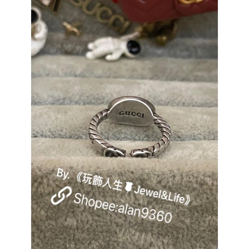 GUCCI 簡約 素雅 黑色琺瑯 二手 雕刻紋路 細版 復古銀 造形 戒指-細節圖6
