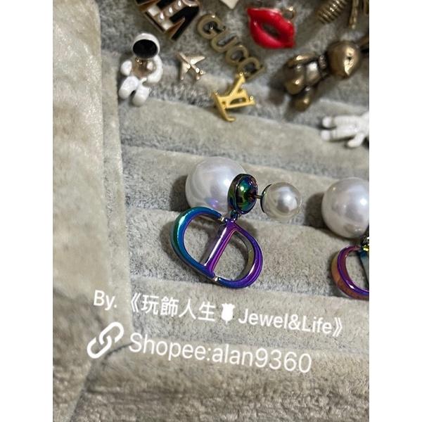 DIOR 經典 雙珍珠 素面 炫彩 二手 CD LOGO  造型 耳環-細節圖3