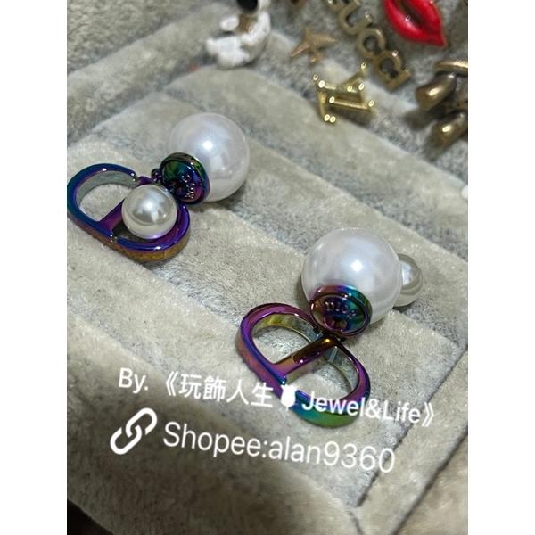 DIOR 經典 雙珍珠 素面 炫彩 二手 CD LOGO  造型 耳環-細節圖7