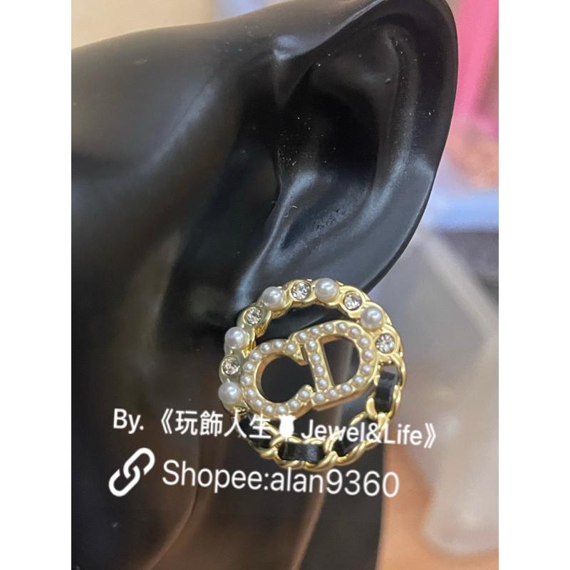 DIOR 超美 復古金色 二手 大LOGO 圓形 鏤空 珍珠 皮革 水鑽  造型 耳環-細節圖9