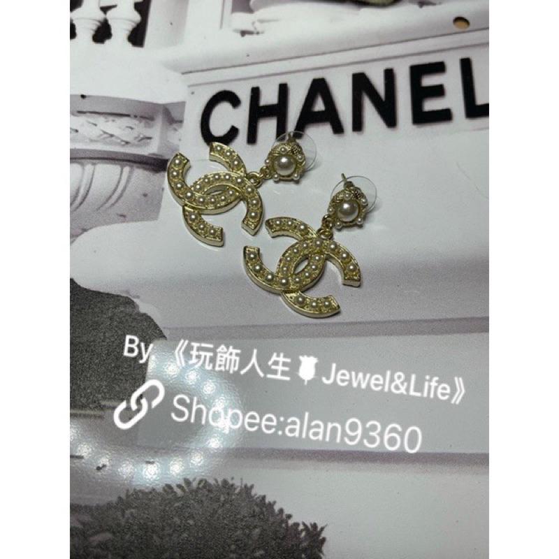 CHANEL 香奈兒 超美 金色 氣質 百搭 垂墜式 珍珠 二手 造型 耳環-細節圖6