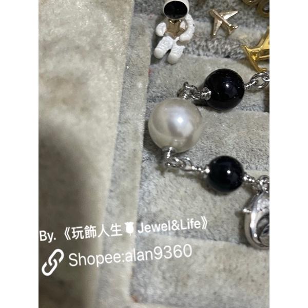 CHANEL 香奈兒 超美 銀色 黑白 水鑽球 二手 雙C LOGO 珍珠  造型 手鍊-細節圖5