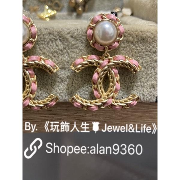 CHANEL 香奈兒 超美 皮革穿鍊 二手 雙C 大LOGO 乾燥玫瑰粉 黑金  珍珠 造型 耳環-細節圖2