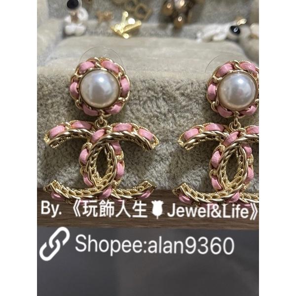 CHANEL 香奈兒 超美 皮革穿鍊 二手 雙C 大LOGO 乾燥玫瑰粉 黑金  珍珠 造型 耳環-細節圖3