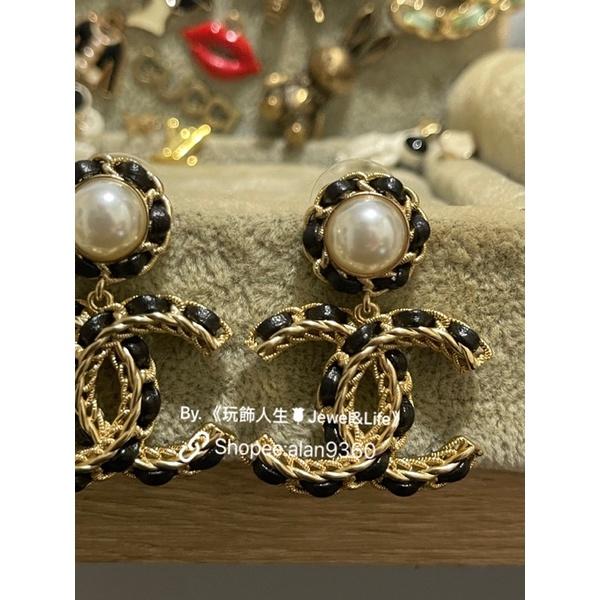 CHANEL 香奈兒 超美 皮革穿鍊 二手 雙C 大LOGO 乾燥玫瑰粉 黑金  珍珠 造型 耳環-細節圖7