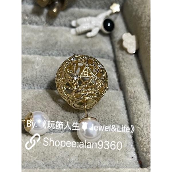 DIOR 超美 金屬拉絲 鏤空 水鑽 珍珠  金色 二手 造型 耳環-細節圖2