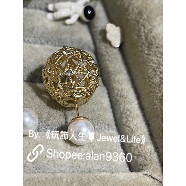 DIOR 超美 金屬拉絲 鏤空 水鑽 珍珠  金色 二手 造型 耳環-細節圖3