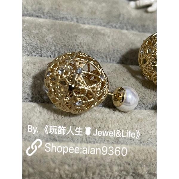 DIOR 超美 金屬拉絲 鏤空 水鑽 珍珠  金色 二手 造型 耳環-細節圖4