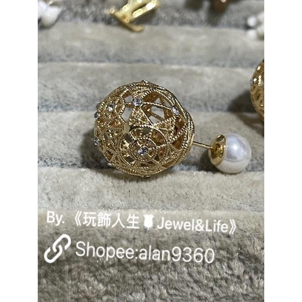 DIOR 超美 金屬拉絲 鏤空 水鑽 珍珠  金色 二手 造型 耳環-細節圖5