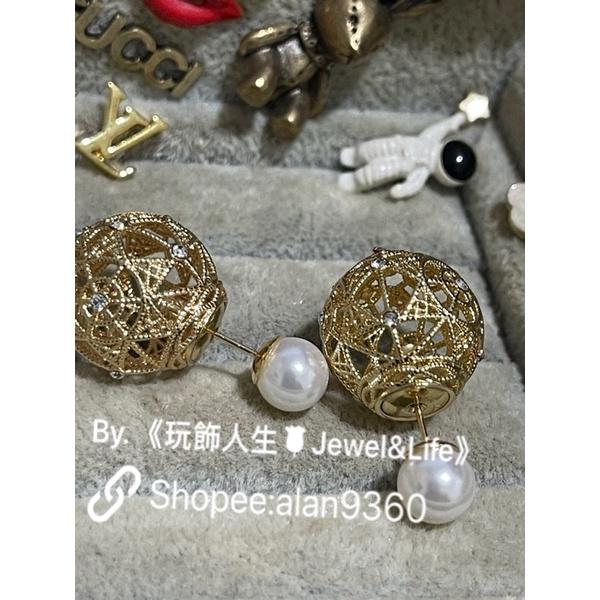 DIOR 超美 金屬拉絲 鏤空 水鑽 珍珠  金色 二手 造型 耳環-細節圖6