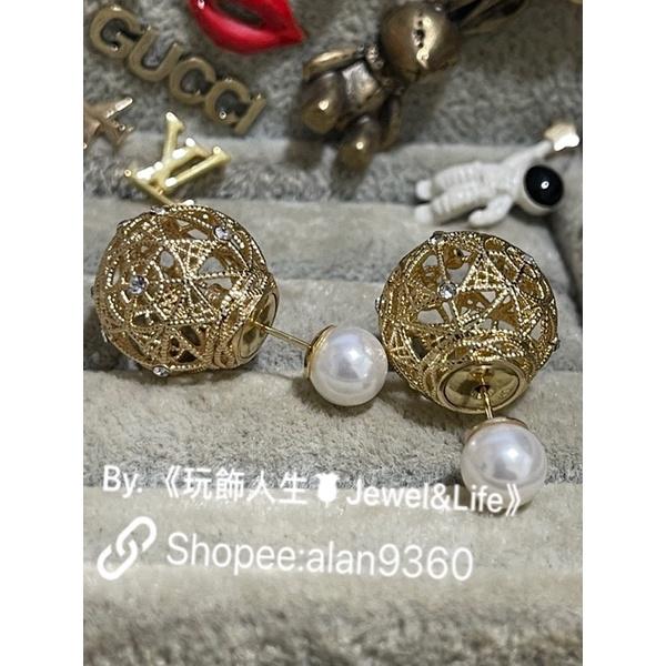 DIOR 超美 金屬拉絲 鏤空 水鑽 珍珠  金色 二手 造型 耳環-細節圖7