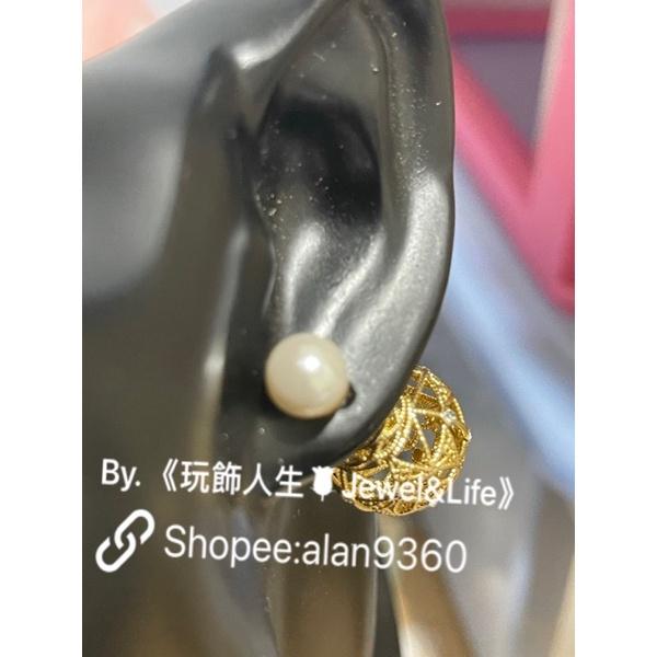 DIOR 超美 金屬拉絲 鏤空 水鑽 珍珠  金色 二手 造型 耳環-細節圖9