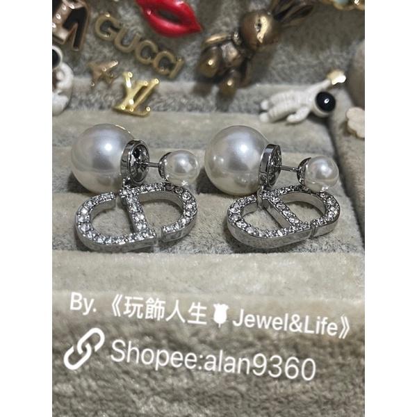 DIOR 超美 經典 銀白 雙珍珠 二手 水鑽 CD LOGO  造型 耳環-細節圖3