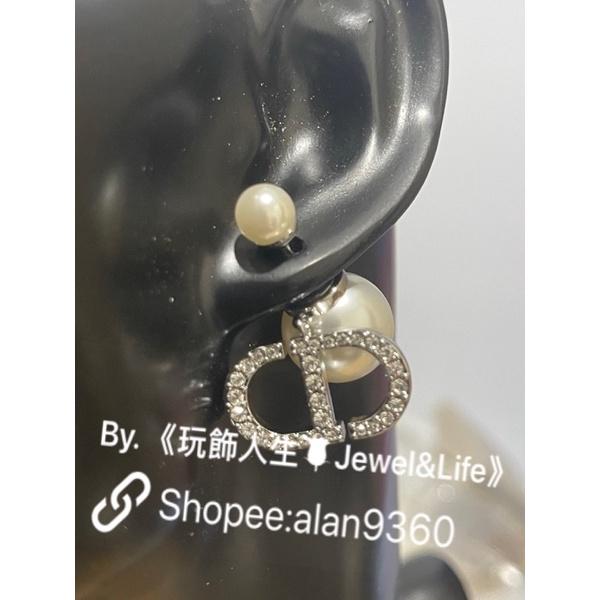 DIOR 超美 經典 銀白 雙珍珠 二手 水鑽 CD LOGO  造型 耳環-細節圖7