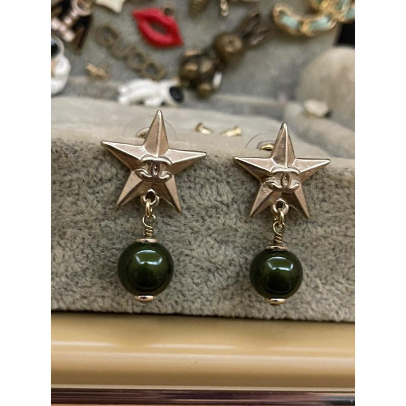 CHANEL 香奈兒 復古 經典 五角星 二手 垂墜 墨綠珍珠 造型 耳環-細節圖2