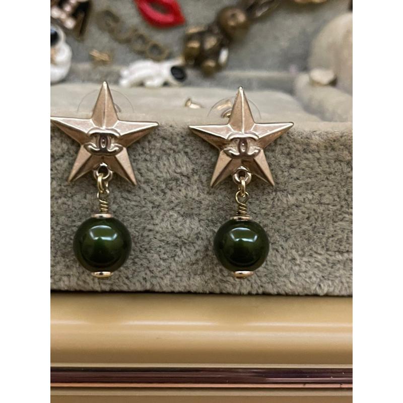CHANEL 香奈兒 復古 經典 五角星 二手 垂墜 墨綠珍珠 造型 耳環-細節圖3