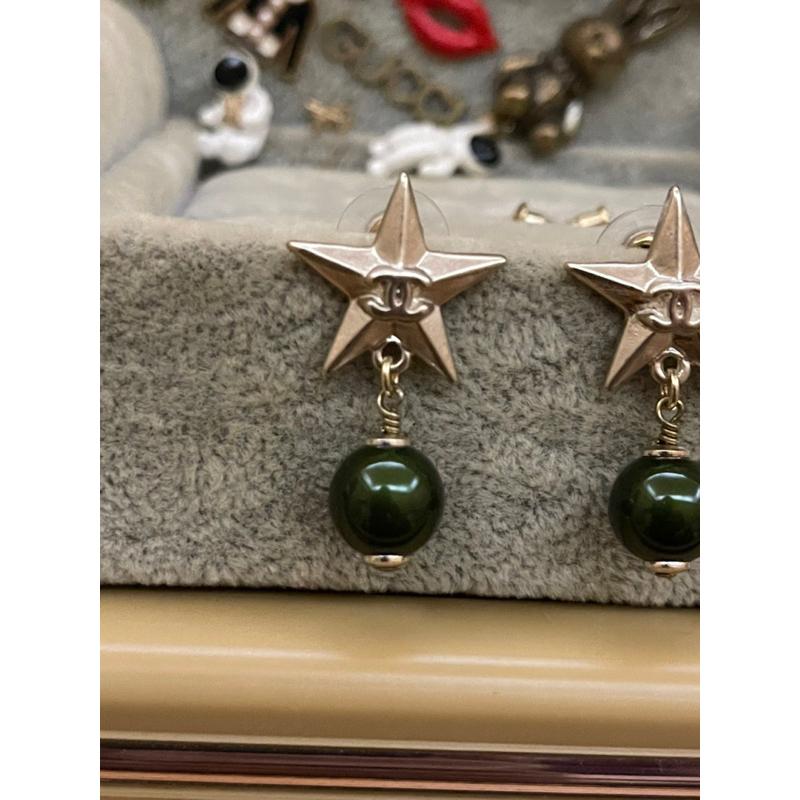 CHANEL 香奈兒 復古 經典 五角星 二手 垂墜 墨綠珍珠 造型 耳環-細節圖4