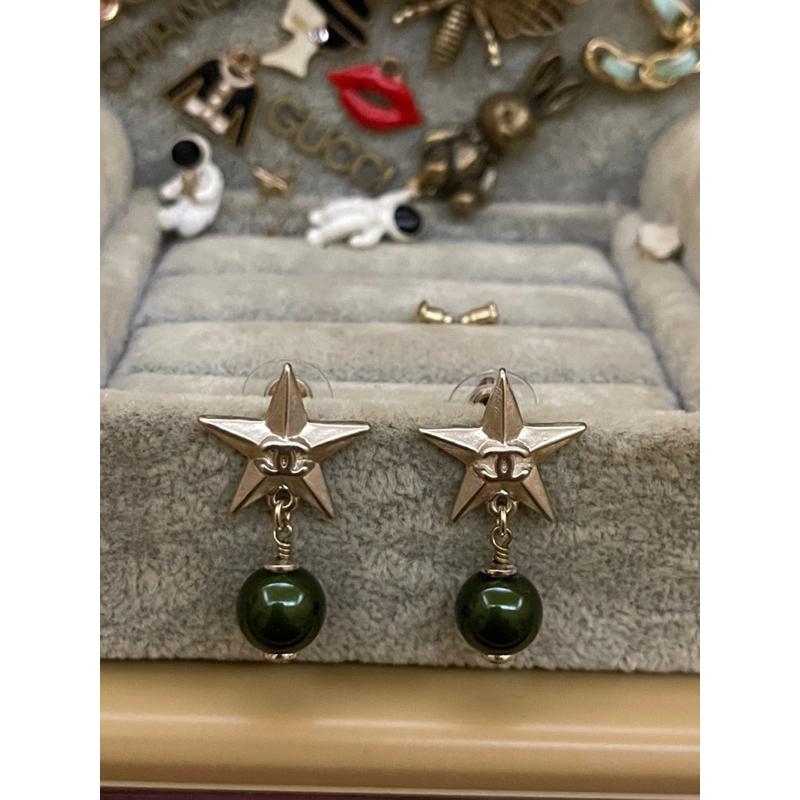CHANEL 香奈兒 復古 經典 五角星 二手 垂墜 墨綠珍珠 造型 耳環-細節圖5