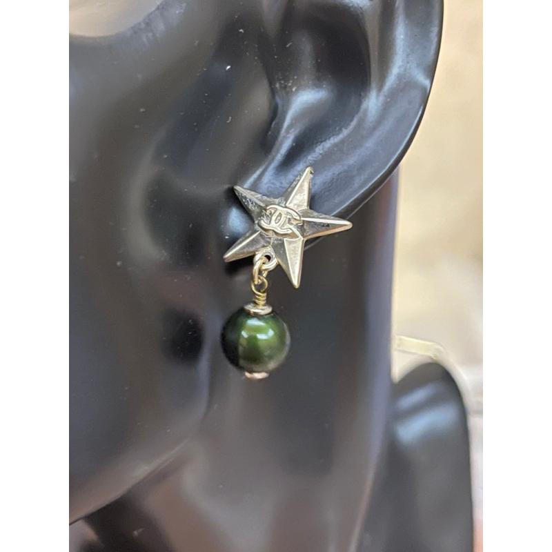 CHANEL 香奈兒 復古 經典 五角星 二手 垂墜 墨綠珍珠 造型 耳環-細節圖7