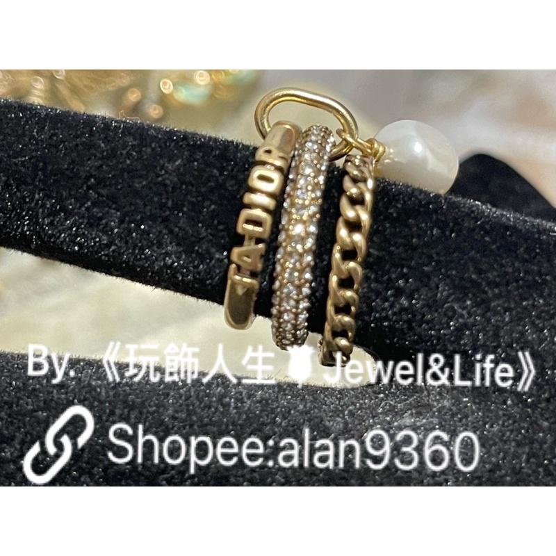 DIOR 超美 水鑽 金屬 復古金 二手 三環 珍珠  造型 戒指-細節圖2